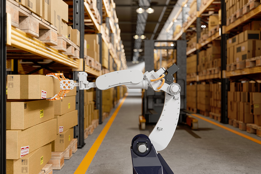 Robotic Arm Taking A Cardboard Box In The Warehouse