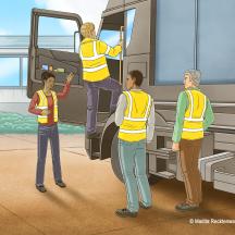 Trainer is instructing driving personnel near a truck cabin
